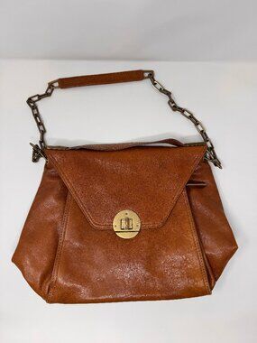Vintage KOOBA Jonnie Cognac Leather Shoulder Bag Chain Strap Industrial 15"